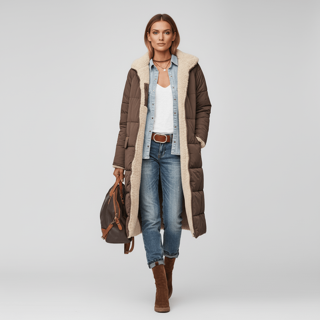 Femininer langer Steppmantel Lillian, warm & stilvoll. Ideal für die moderne Damenmode.