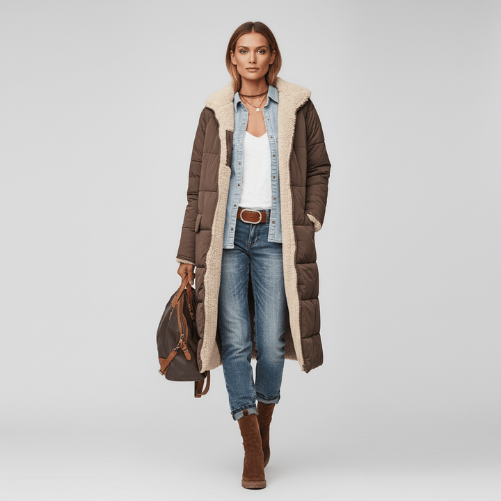 Femininer langer Steppmantel Lillian, warm & stilvoll. Ideal für die moderne Damenmode.