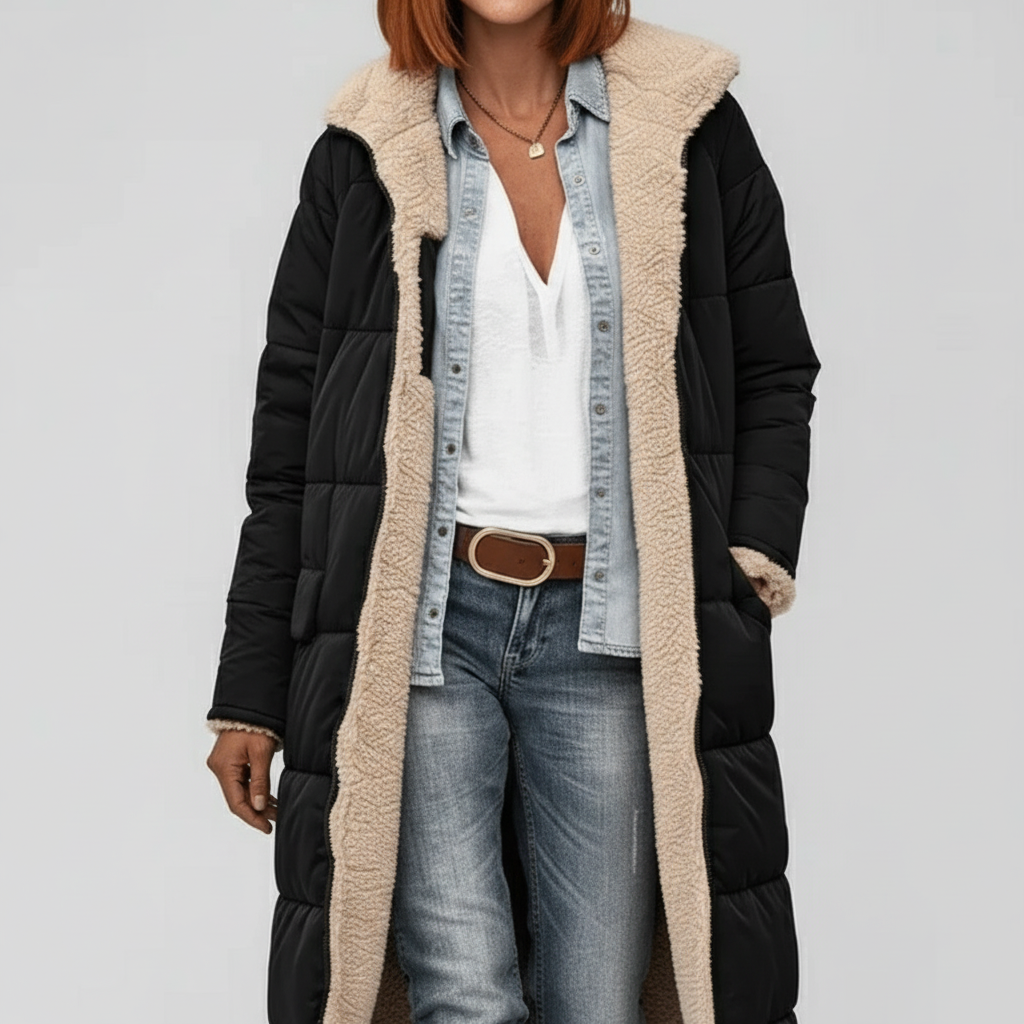 Produktdetail: Innenseite des langen gesteppten Damen-Mantels Lillian. Warm gefüttert.
