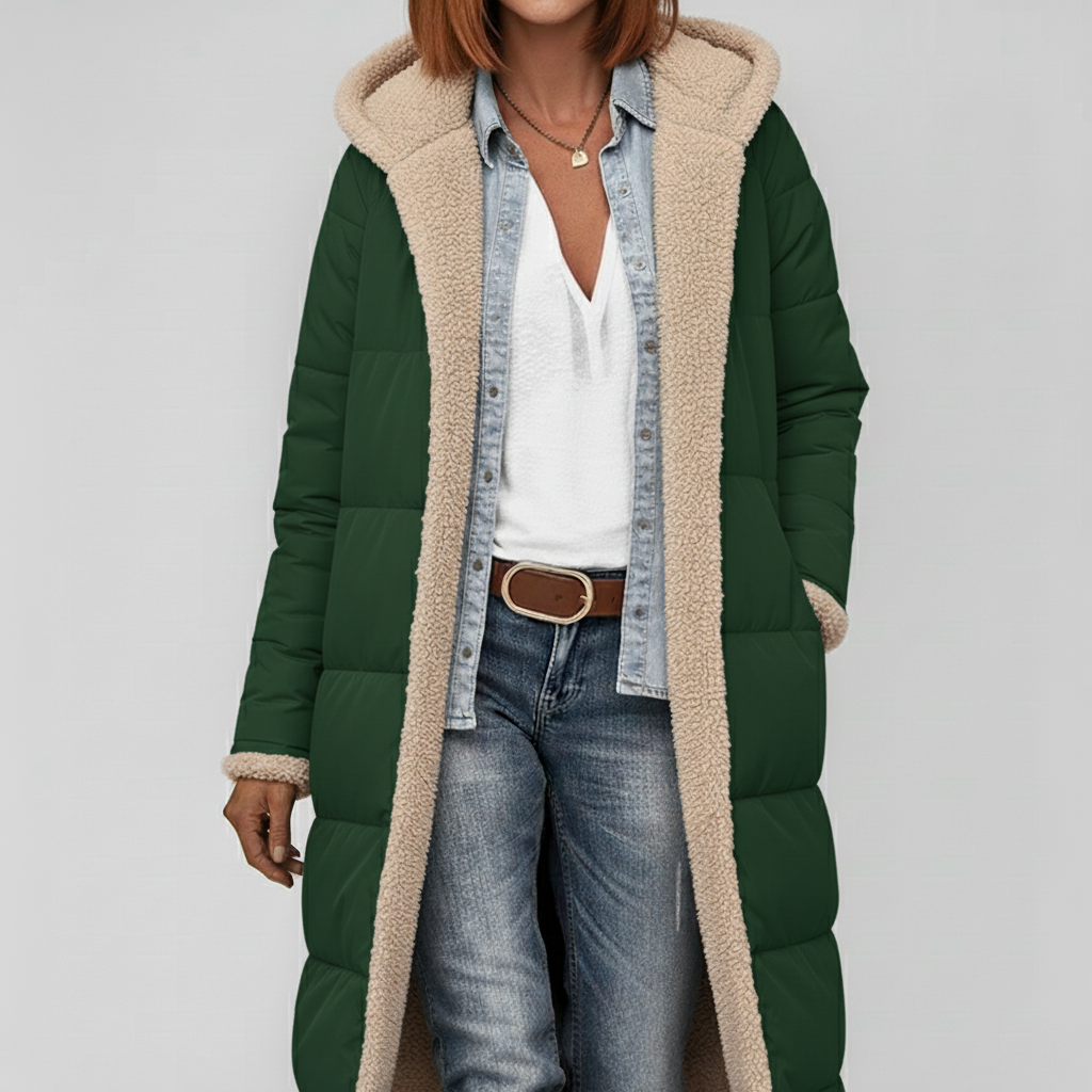 Damen-Puffer-Mantel Lillian, lang und gesteppt. Perfekt für den Übergang und den Winter.