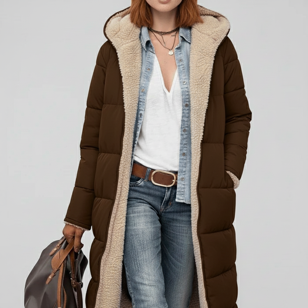 Focus auf Material: Gesteppte Textur des langen Damen-Steppmantels Lillian. Warm & schick.