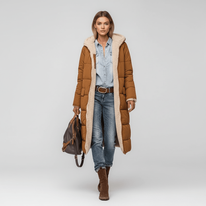 Stilvoller Damen-Steppmantel Lillian, lang und gesteppt. Elegant & casual für die Wintermode.