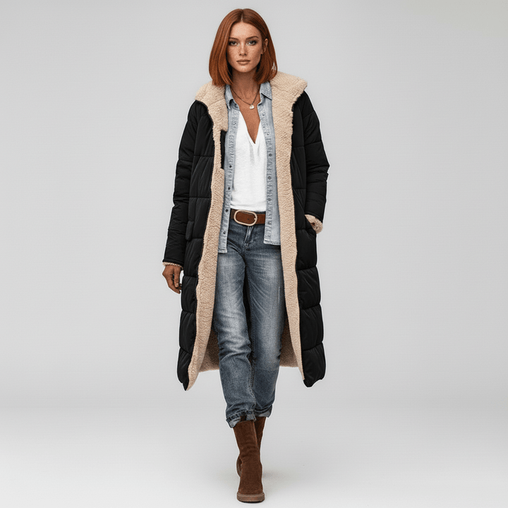 Warmer langer Damen-Puffer-Mantel Lillian, gesteppt. Kuscheliger Begleiter für den Winter.