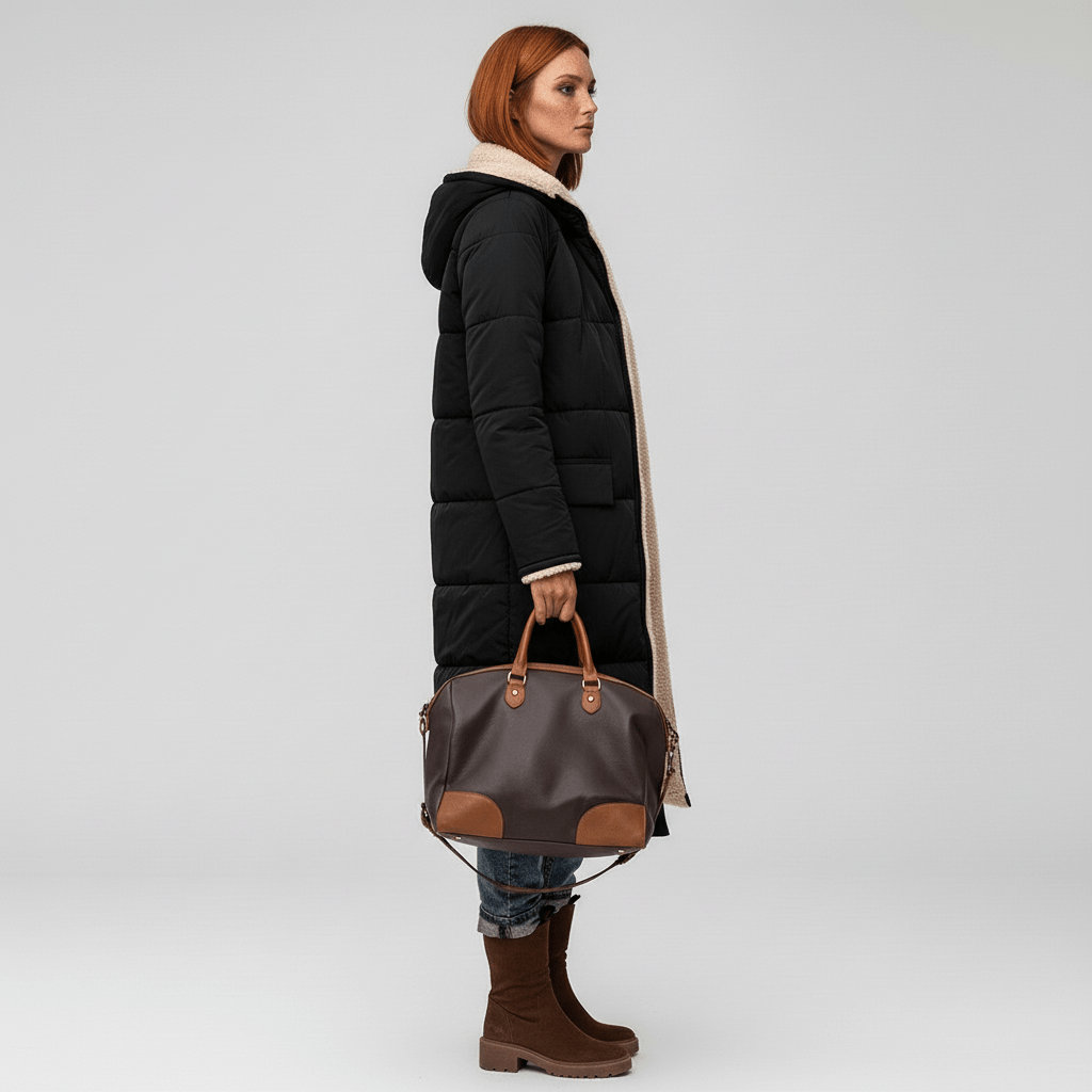 Model trägt langen gesteppten Damen-Wintermantel Lillian. Warme & stilvolle Oberbekleidung.