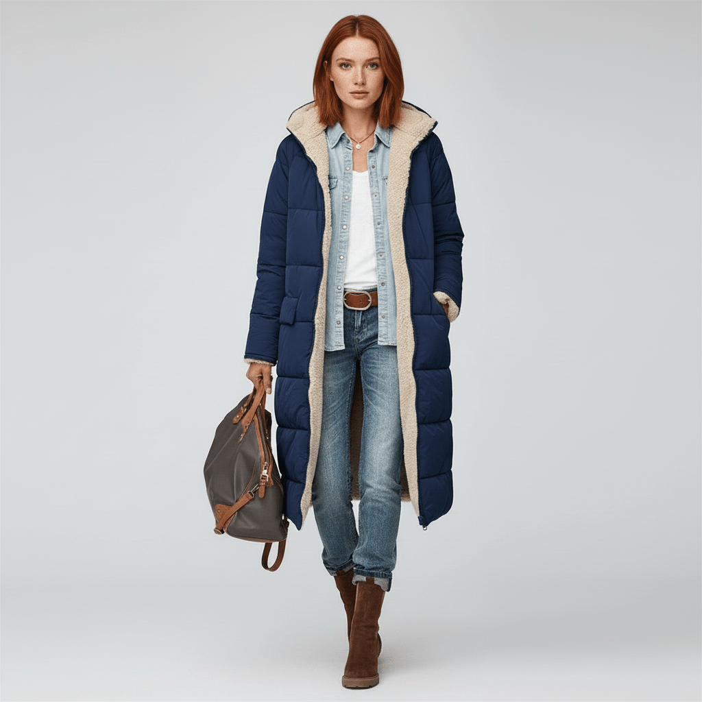 Ansicht von hinten: Langer gesteppter Damen-Steppmantel Lillian. Eleganter Winter-Look.