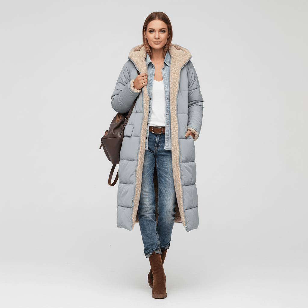 Kuscheliger langer Damen-Mantel Lillian, gesteppt. Stilvolle Wintermode für den Alltag.