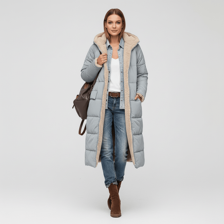 Kuscheliger langer Damen-Mantel Lillian, gesteppt. Stilvolle Wintermode für den Alltag.