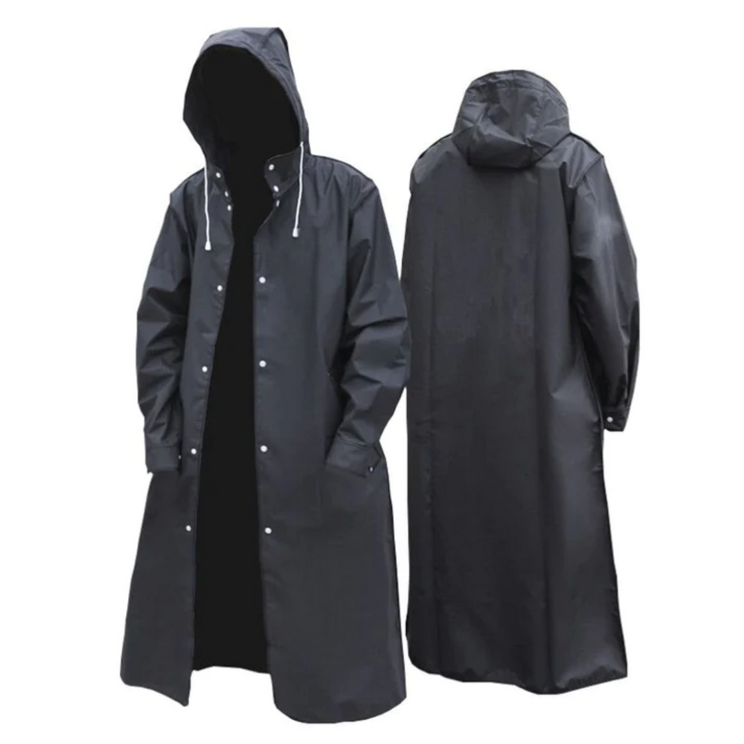 Langer schwarzer, wasserdichter Herren-Regenmantel mit Kapuze für Herbst & Winter Outdoor-Schutz.