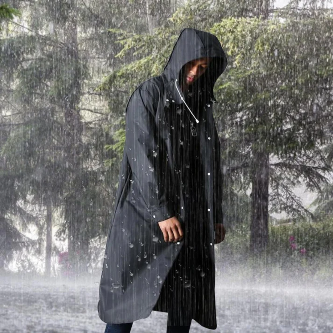 Stilvoller, langer Herren-Regenmantel in Schwarz, wasserdicht mit Kapuze, ideal für Herbst & Winter.