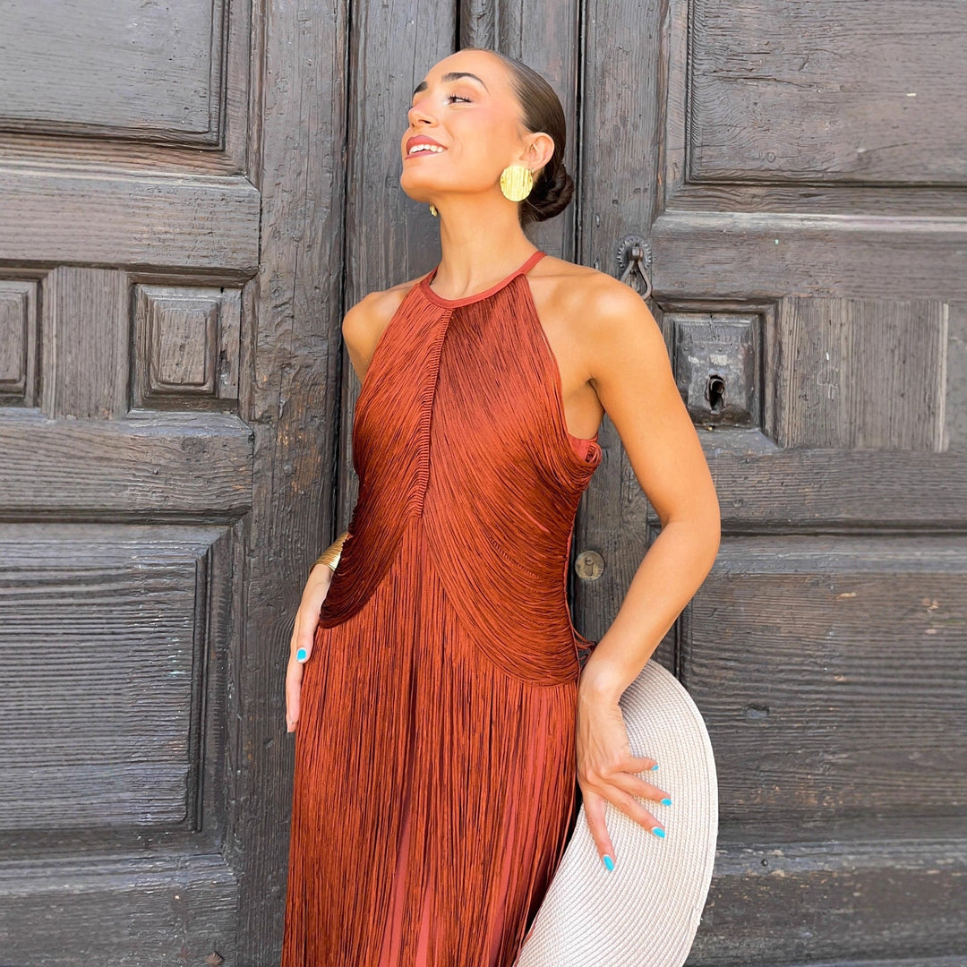 Vielseitiges Damen Maxikleid mit Fransen, perfekt als festliches oder Partykleid.