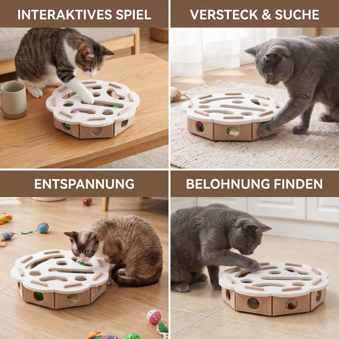 Katze spielt begeistert mit interaktivem Filz-Intelligenzspielzeug, fördert Konzentration & Spielspaß.