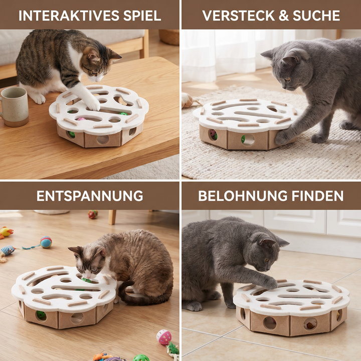 Katze spielt begeistert mit interaktivem Filz-Intelligenzspielzeug, fördert Konzentration & Spielspaß.