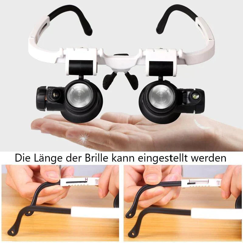 Professionelle LED Lupe. Brillenlupe für detailreiche Präzisionsarbeit in Handwerk & Hobby.