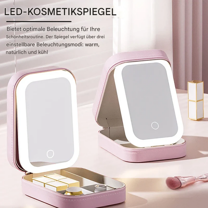 Kompakter LED Schminkspiegel & Make-up Organizer Box für unterwegs; perfekte Beauty-Aufbewahrung mit Licht.