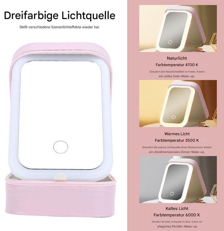 Reise-Kosmetikbox mit integriertem LED Spiegel. Sichere Aufbewahrung & 3 Lichtmodi für Beauty unterwegs.