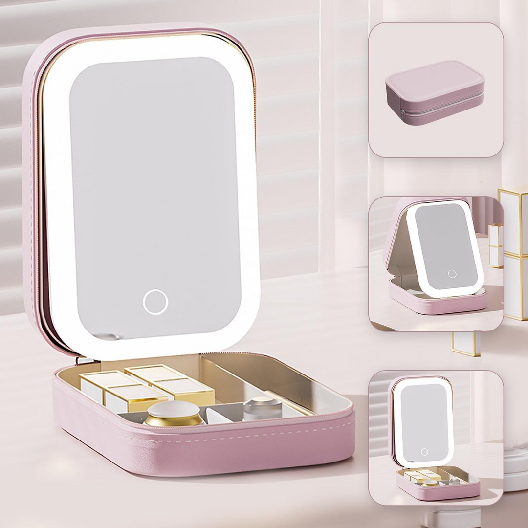 Offene LED Spiegel Box zeigt Kosmetik-Organizer Fächer & helles Licht für das tägliche Make-up-Ritual.
