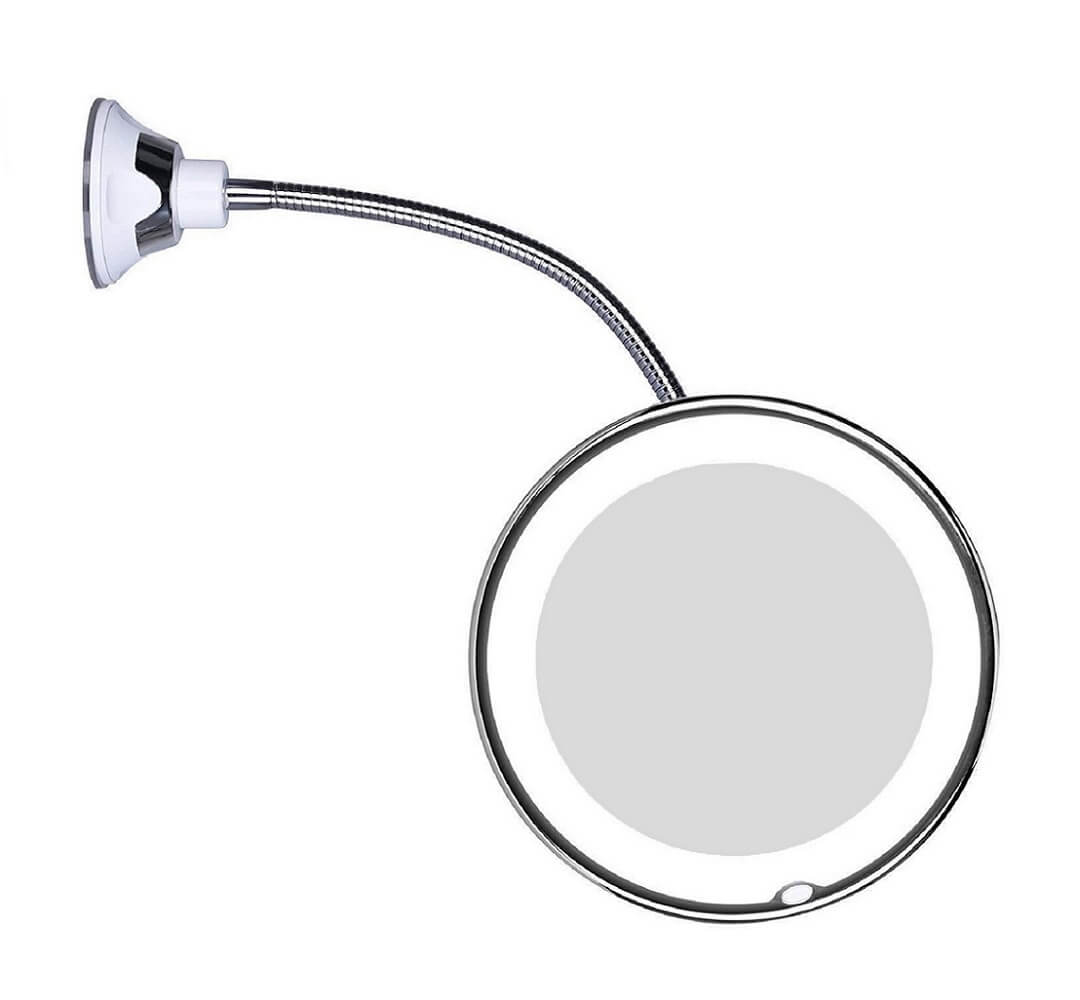 LED-Kosmetikspiegel mit 10x Vergrößerung und flexiblem Schwanenhals für präzises Make-up.