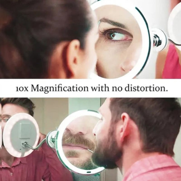 Hochwertiger LED-Badezimmerspiegel mit 10x Zoom, flexibel und hell, perfekt für die tägliche Beauty-Routine.