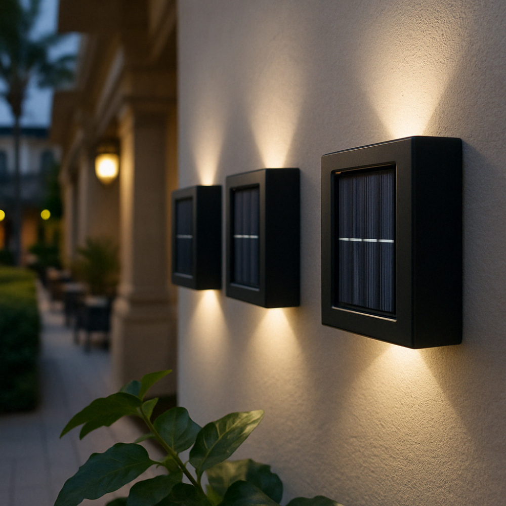 Praktische LED Solarleuchte für die Wandmontage, kabellos und wetterfest, IP65.