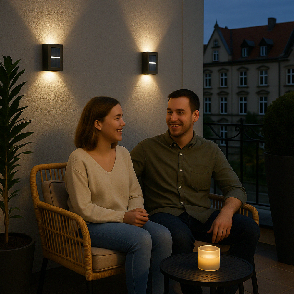 Energieeffiziente LED Solar Wandleuchte, IP65 wetterfest für sichere Außenbeleuchtung.