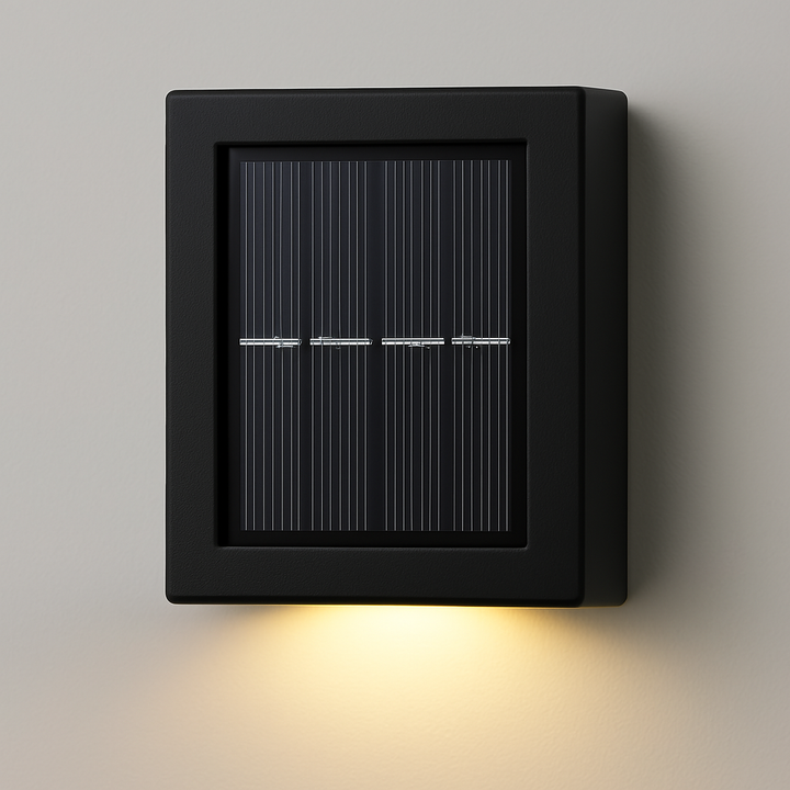Umweltfreundliche LED Solar Wandleuchte, selbstversorgend mit Sonnenenergie, IP65.