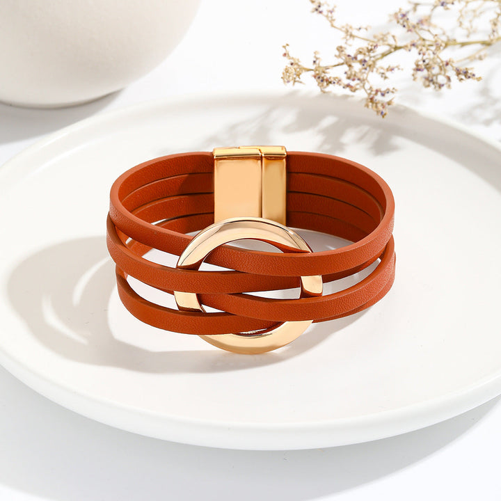 Modisches Doppelkreis-Lederarmband für Damen, Bohemian-Stil, in Beige, Blau und Grün mit Magnetverschluss.