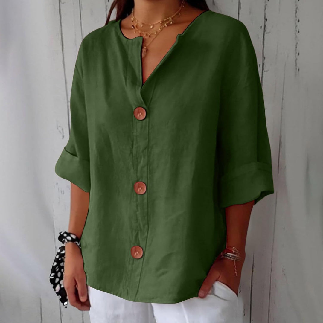 Frontansicht der Clara Damen Kurzarm-Bluse aus Leinen, stilvoll & bequem für Frühling/Sommer.