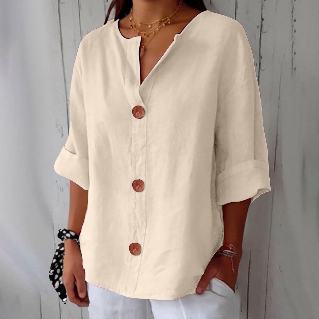 Elegante Damen Freizeitbluse Clara aus Leinen, vielseitig kombinierbar, ideal für den Urlaub.