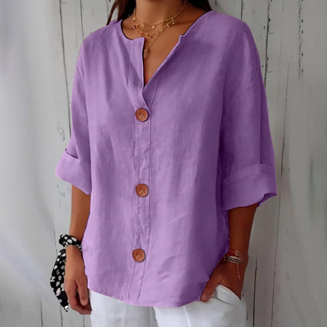 Moderne Clara Damenbluse aus Leinen, legere Kurzarm-Sommerbluse, komfortabel für den Alltag.