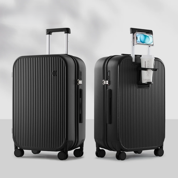Innovativer Hartschalen-Reisekoffer mit integriertem Getränke- und Smartphonehalter, ideal für moderne Reisende.