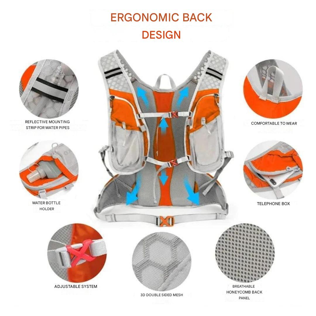 Leichter Rucksack mit 2L Trinkblase, ideal für Laufen, Mountainbiken und Klettersteige.