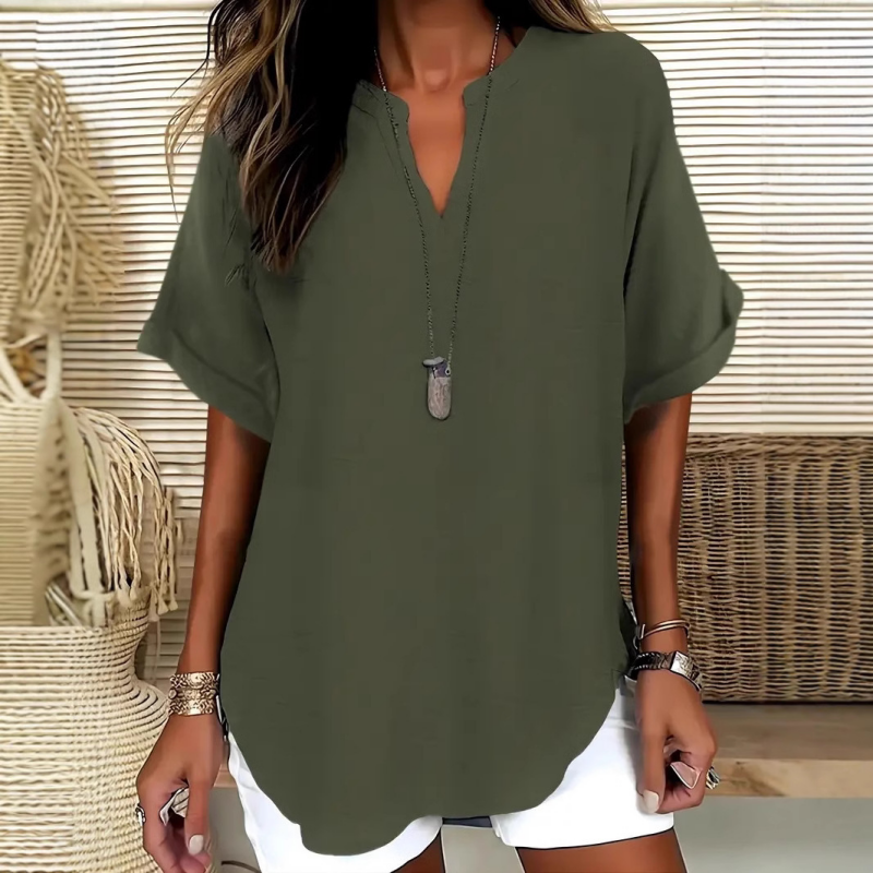 Weiches Damen V-Ausschnitt Top in Grau, ideal für Büro & Abend. Zeitloses Design mit angenehmem Stoff.