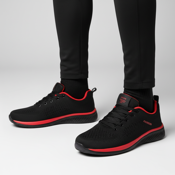 Detailansicht der atmungsaktiven Strickoberfläche der leichten Herren Laufschuhe Steve für optimalen Komfort.