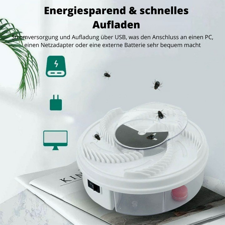 Moderne elektrische Fliegenfalle 'FliegenFrei' für Garten und Innenbereich, einfache Schädlingsabwehr.