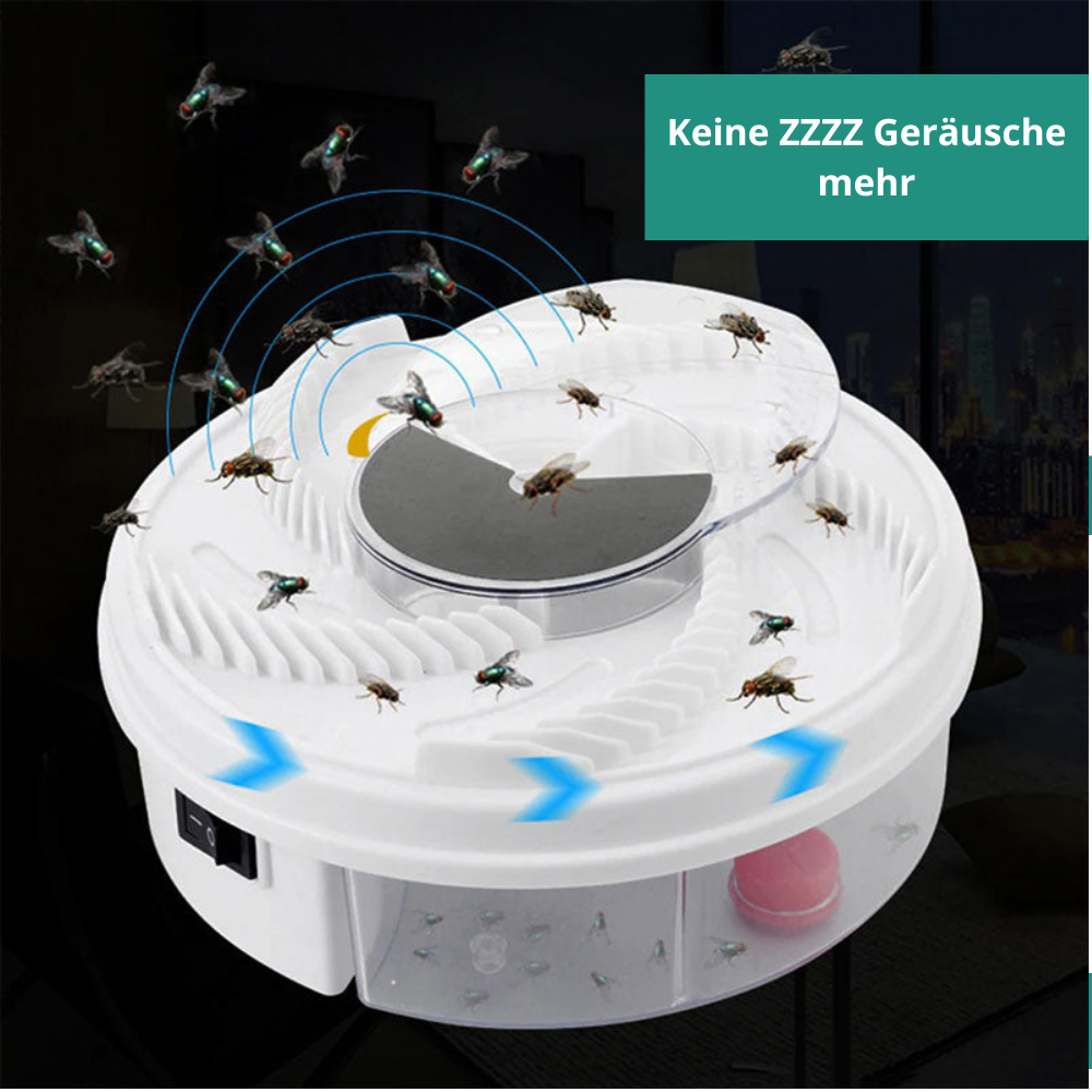 Kompakte elektrische Fliegenfalle, leise und effizient, ideal für Wohnzimmer und Terrasse.