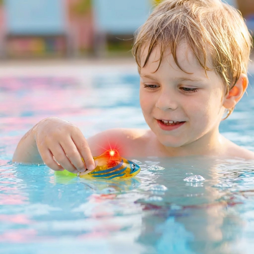 Interaktives LED Badespielzeug: Leuchtende Schwimmfische für Kinder. Fördert spielerisch die Entwicklung.