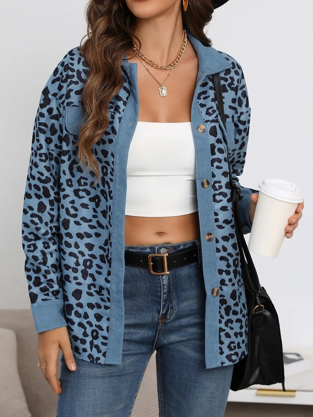 Modische Damen Leopardenmuster Langarm Shacket für Herbst & Winter.