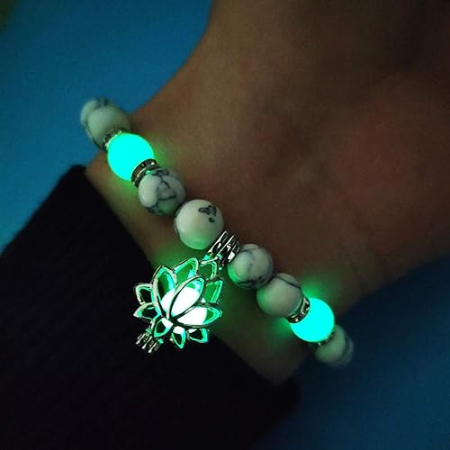 Beruhigendes Unisex Perlenarmband mit Lotus, nachtleuchtend, ideal für Yoga und Entspannung.