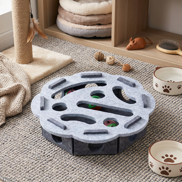 Von oben: Interaktives Filz-Katzenspielzeug, ein cleveres Puzzle für mehr Spielspaß und Haustier-Beschäftigung.