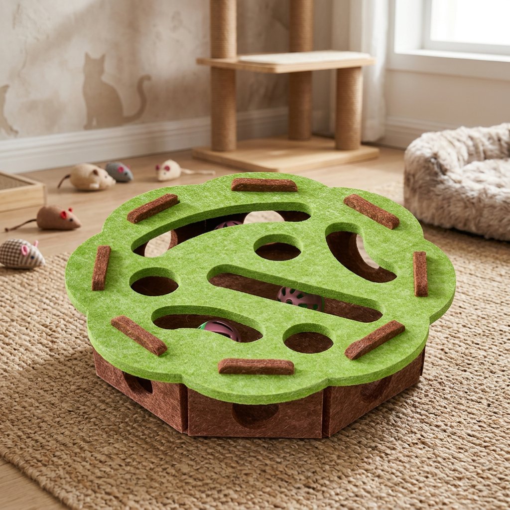 Hochwertiges Katzenzubehör: Interaktives Filz-Intelligenzspielzeug für geistige Beschäftigung und Spielspaß der Katze.