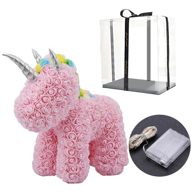 Besonderes Einhorn Geschenk aus Kunstrosen, mit LED-Beleuchtung, ideal für Geburtstag.