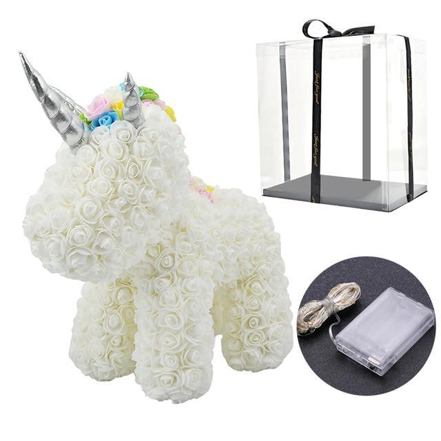 Charmantes Rosen-Einhorn Geschenk mit Kunstrosen und LED-Lichtern für jeden Anlass.