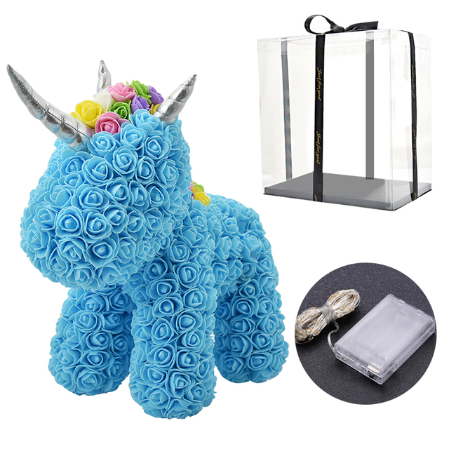 Elegantes Rosen-Einhorn mit LED-Lichterkette, perfektes Wohnaccessoire und Geschenkidee.