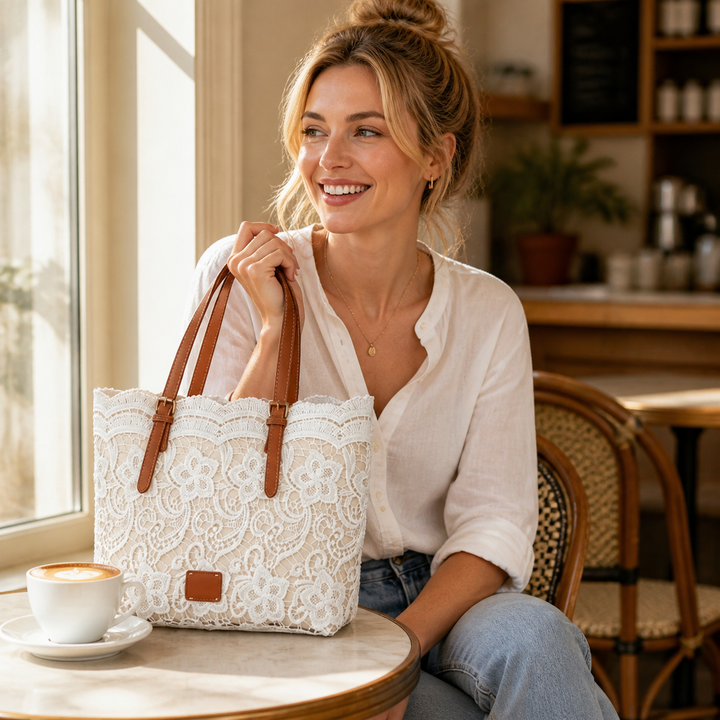 Leichte Damen Tote Bag cremeweiß mit floraler Spitze, ideal als Handtasche für Freizeit & Büro.