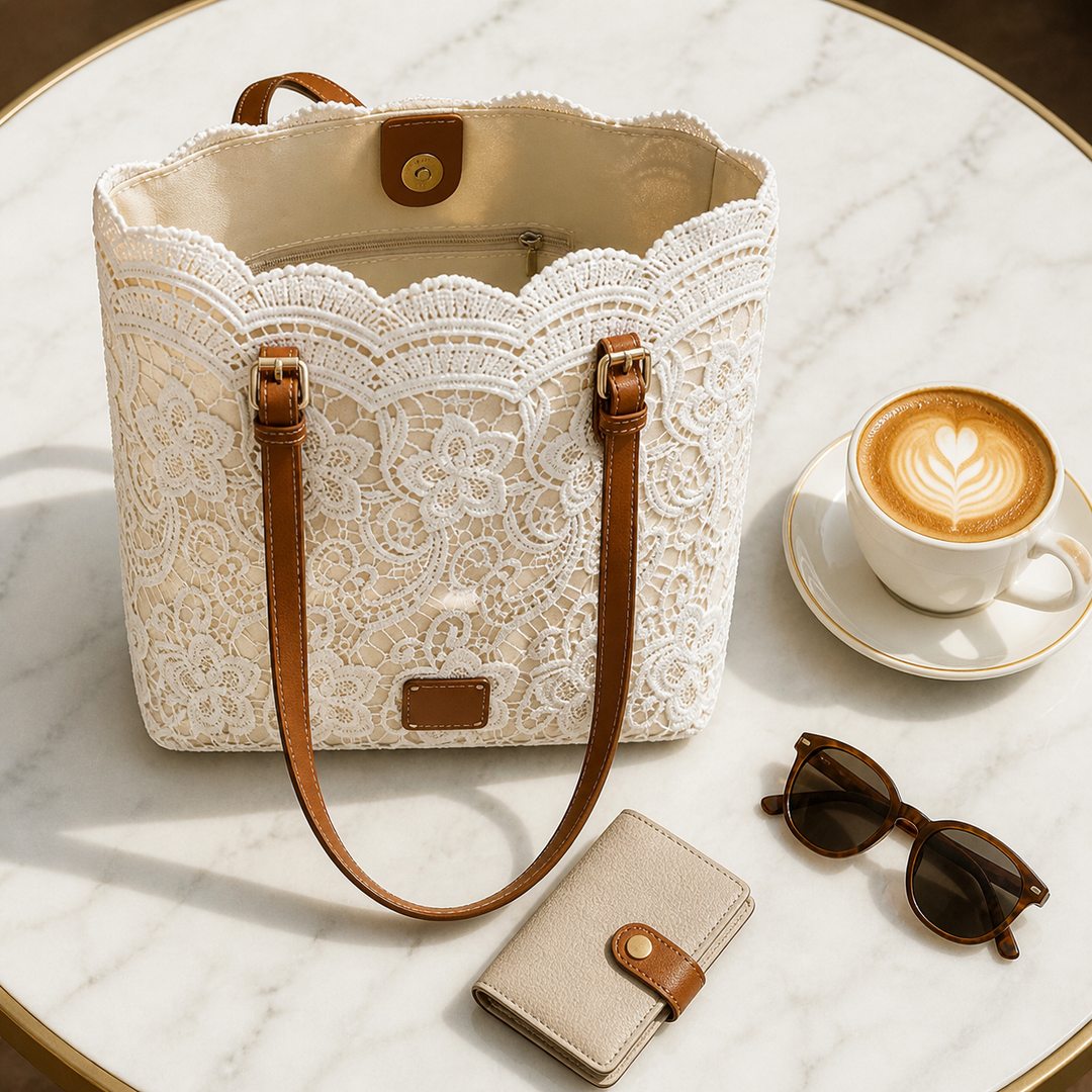 Moderne cremeweiße Damen Handtasche mit Spitzen-Blumenmuster; elegant und geräumig für den Alltag.