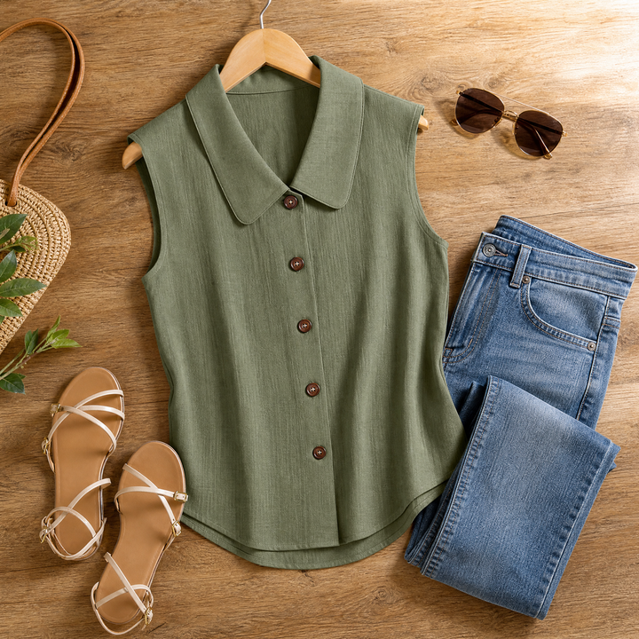Damen Sommertop mit V-Ausschnitt, ärmellose Bluse, eleganter Kragen & lockerem Schnitt für den Sommer.