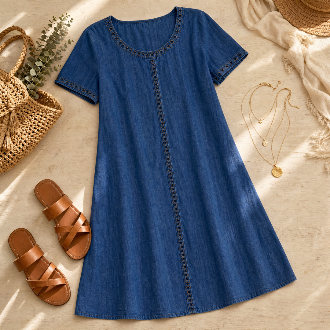 Feminin-elegantes Damen Midikleid mit Lochstickerei in A-Linie. Luftiges Sommerkleid, ideal für Urlaubs-Looks.
