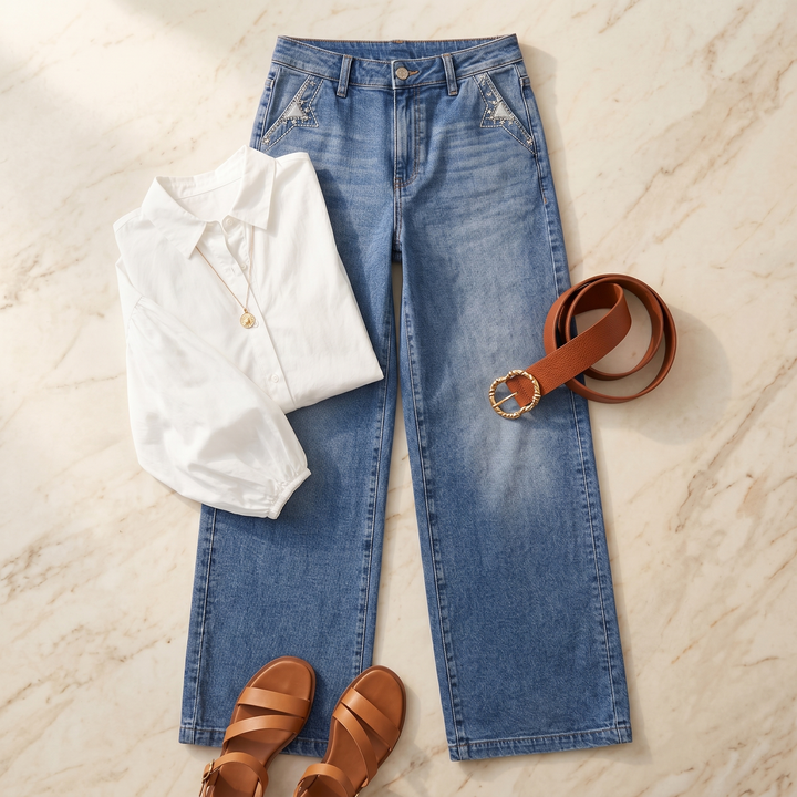 Elegante Vintage Damen Flare Jeans, hoher Bund, weites Bein, ideal für Retro-Looks und Komfort.