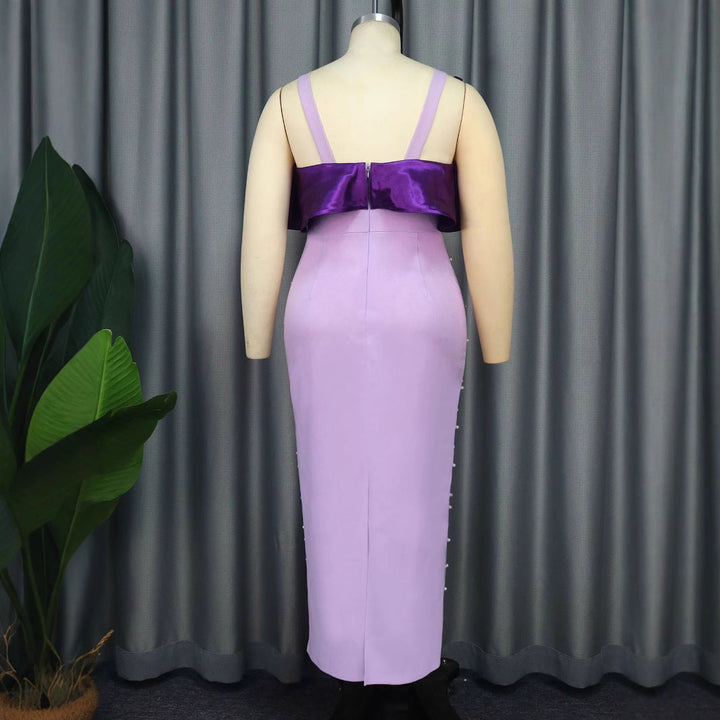 Glamouröses lila Perlenkleid mit langen Puffärmeln für Damen, ein elegantes Abendkleid für Feiern.