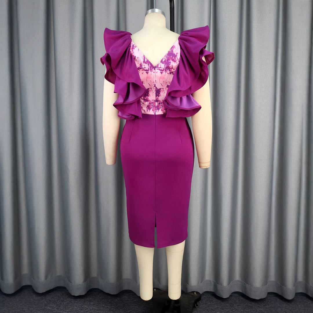 Glamouröses Damen-Abendkleid in Lila mit Rüschen, figurbetont und elegant, für festliche Partys und Events.